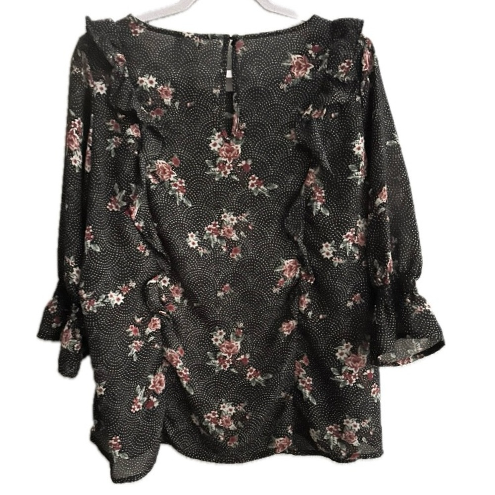 Torrid Black Floral Polka Dot Print Ruffles & Bell Sleeve Top Size 0/12 - Picture 4 of 9